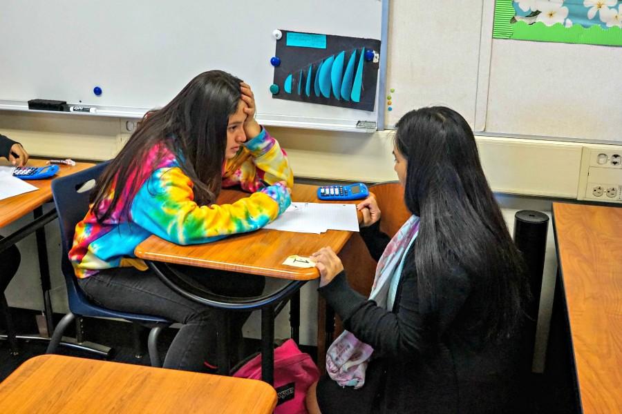 Algebra I Enhanced teacher Laraine Ignacio helps a student with a math problem. The school district recently passed a math placement policy as part of its larger effort to reduce the achievement gap among students.