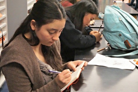 Senior Emily Goto writes in her notebook. Since she was young, Emily has enjoyed creating many forms of visual and literary art. Photo by Allegra Maeso.