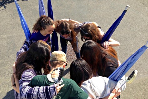 The members of Winter Guard huddle together, holding their flags. The Winter Guard program is somewhat of a continuation of its sister program, Color Guard. Photo by Meilin Tsao. 