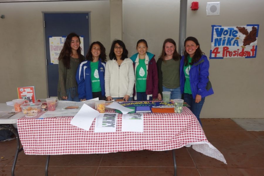 Green Team members pose next to their produce. This Friday, Green Team hosted a table outside the large gym to promote local produce and awareness.