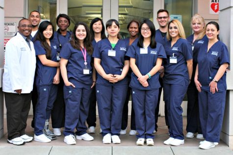 Senior Teresa Casillas-Rocha (third from left, front row) stands with her peers at the Mountain View-Los Altos Adult Education Center, where she is pursuing her goal to become a registered nurse. Photo courtesy Teresa Casillas. 