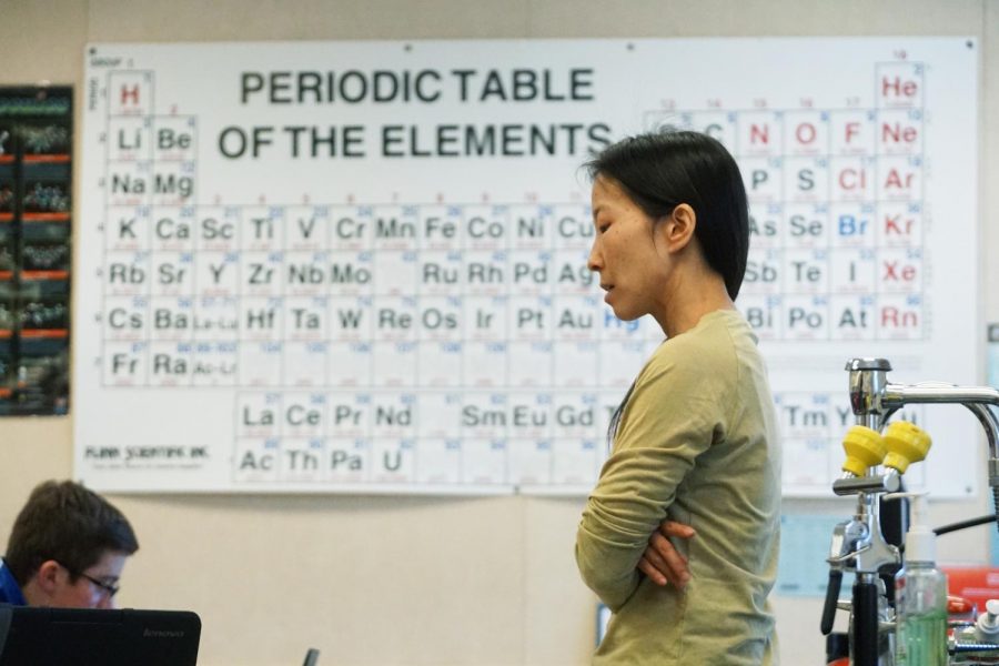 Chemistry teacher Trina Mattson instructs her chemistry class. Mattson lost sensation in the left side of her face in 2009 after teacher-induced stress impacted a nerve, and hopes others dont overwork themselves too. Kylie Akiyama.