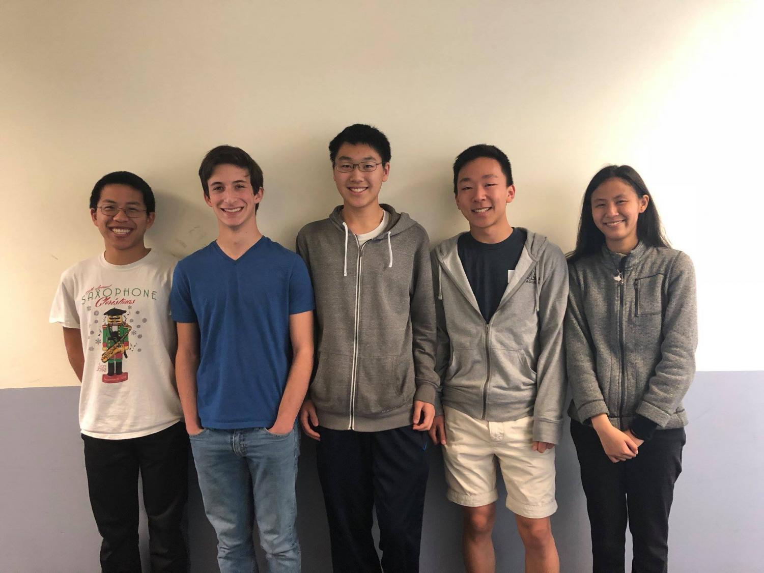 The math modeling team that qualified as finalists to present their solution in New York City consisted of seniors Ryan Huang, Michael Vronsky, Daniel Wang, Justin Yu and Joanna Yuan. After a year of practice competitions and club meetings, the team improved their synergy and learned to better delegate tasks. Courtesy Carol Evans.