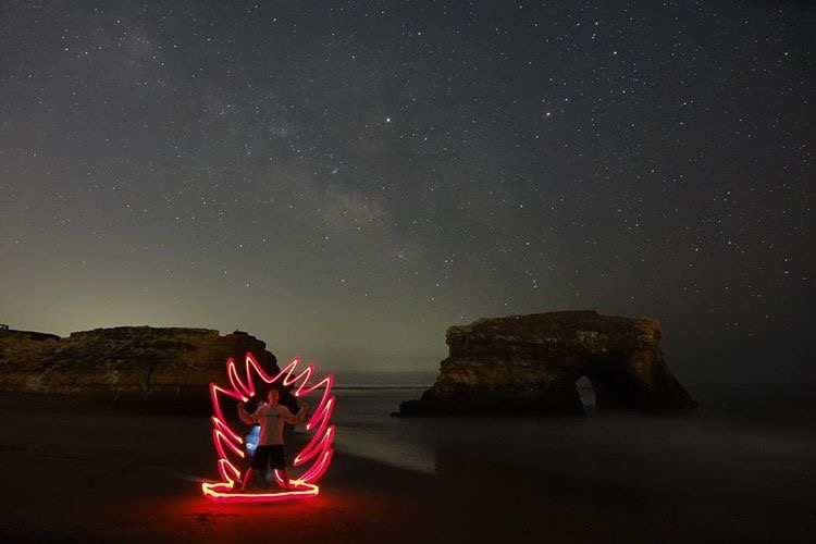 At the Natural Bridges State Beach, the boys take advantage of the starry night sky in order to take a long exposure shot using flashlights.