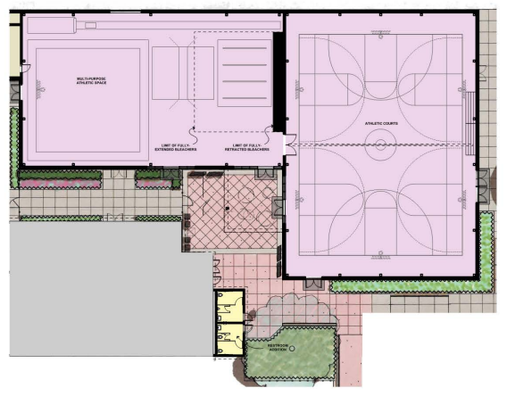 The detailed layout for the improved auxiliary gym, which will be located to the west of the existing girls locker room. Courtesy Kramer Project Development Co., Quattrocchi Kwok Architects.