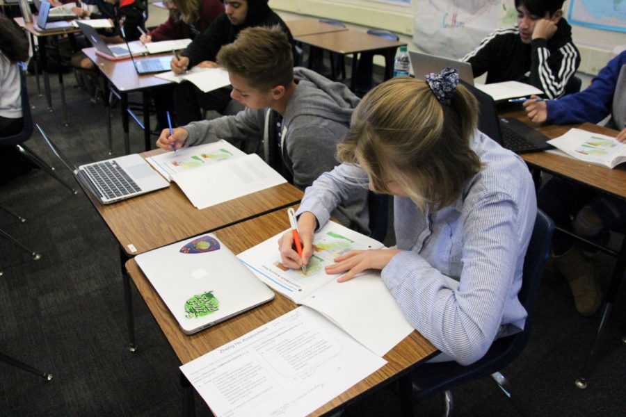 Freshmen Caden Maw and Dana Huch write in their Pre-AP booklets during their World History and Geography class, formerly World Studies. Both World Studies and Algebra 1 classes are implementing Pre-AP for the next two years. 