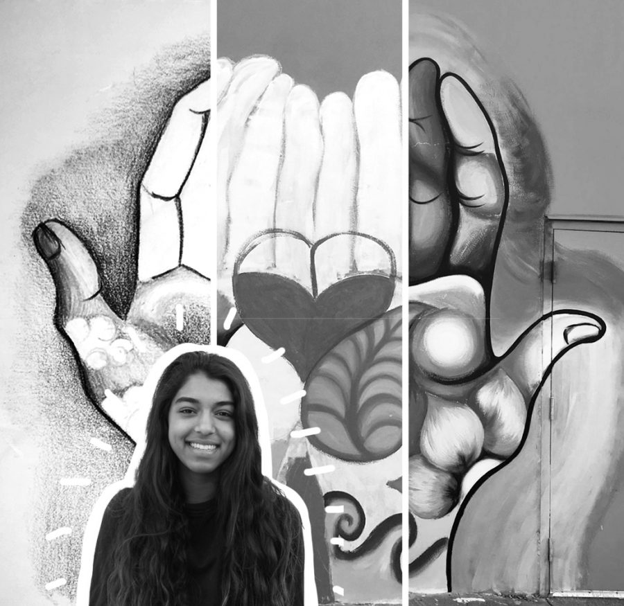 1: Kavya’s initial sketch of her visioned mural with colored pencils in her notebook.
2: She starts to draw and paint on the wall, trying to illustrate her vision before adding all the details.
3: Kavya’s finished mural for the Boys and Girls Club displayed in San Mateo.