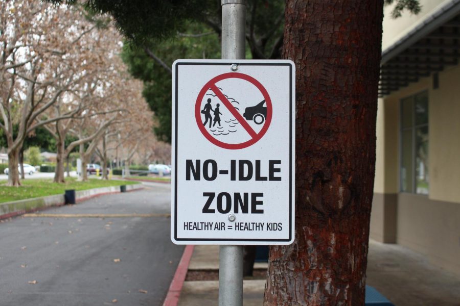 Green Teams new no-idle zone signs are set up in the student pick-up and drop-off drive along Almond Avenue. Although they will not be enforced by law, they are meant to remind drivers to be mindful of their engine exhaust.