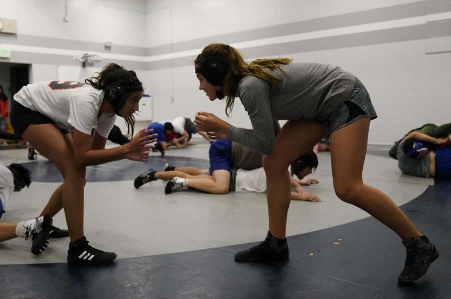 Freshmen Pari Mohan, left, and Ava Halkola, right, assume wrestling stance, preparing for their next meet in January. As the only girls on the team, they hope to set an example for other girls who are interested in joining.
