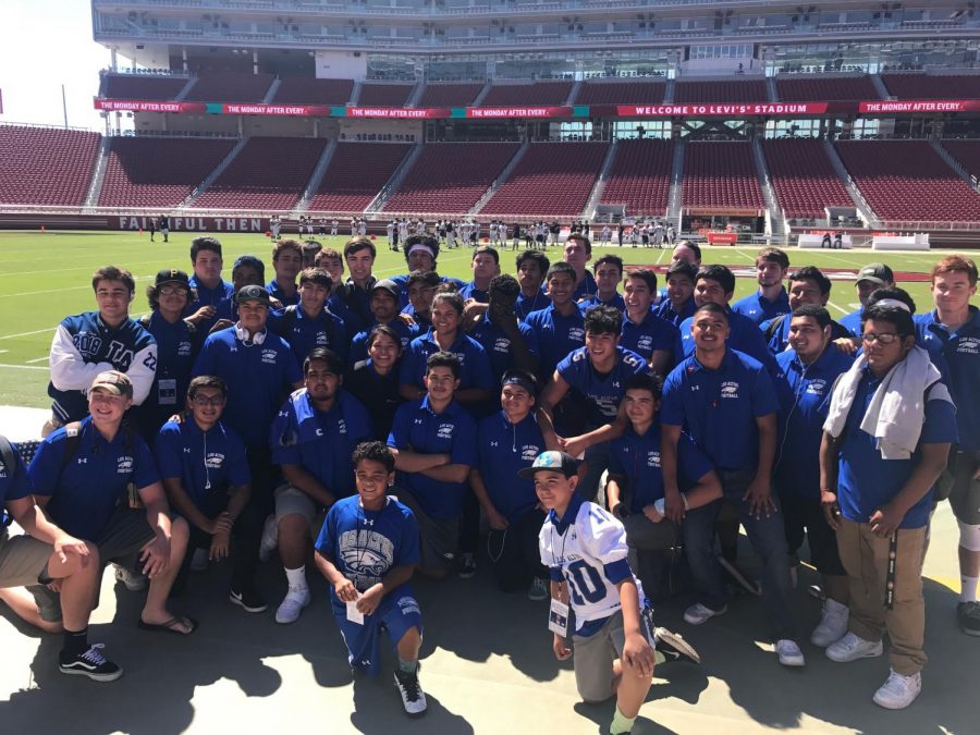 Last year’s varsity football team before kickoff at Levi’s Stadium, where
Los Altos played Cupertino High School in September, 2017. This past
season, the team had a 4-6 record overall.