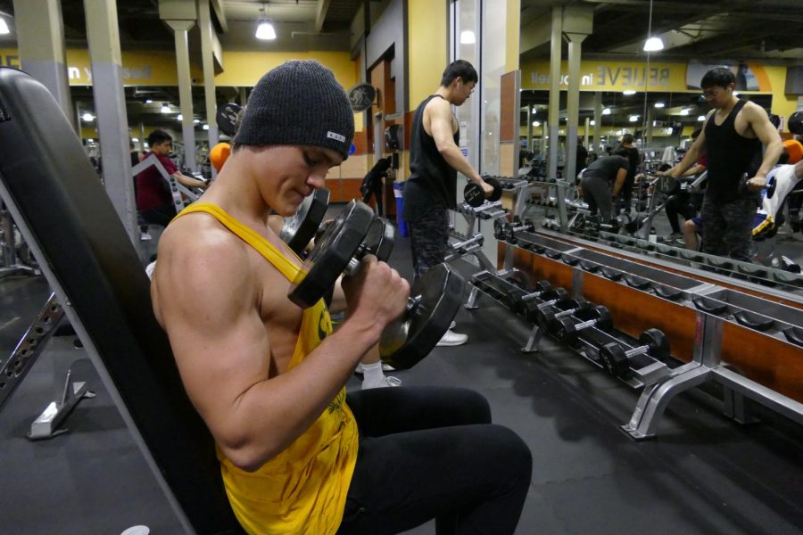 Senior Will Schubert does bicep curls with 40 pound weights at 24 Hour Fitness. He is an amateur bodybuilder, weightlifter and fitness enthusiast who structures his schedule and diet around lifting.