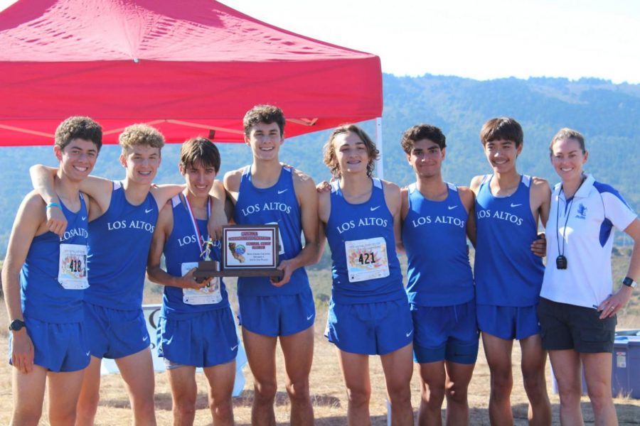 The boys varsity team accepts their plaque after finishing in second place at the CCS meet. The team broke a school record set in 1972 by running a combined time of 80:49. From left to right is senior Adam Cohan, freshman Boden Sirey, senior Adam Sage, junior Kevin Andrews, junior Collin Hepworth, senior Daniel Ghasemfar, junior Hans Holst and head coach Steph Mackenzie.
