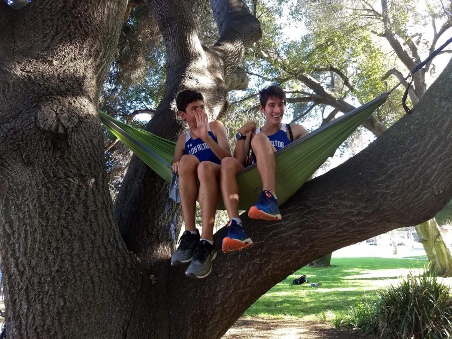 After the 2018 Homecoming Parade, Cohan (left) and Sage (right) hang out in a hammock together. We were really hoping to go [to Harvey Mudd] together, Sage said. Its pretty great.
