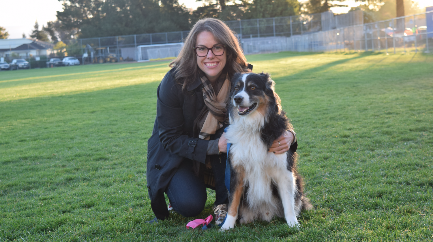 History teacher Kelly Coble & Australian Shepherd Rugby