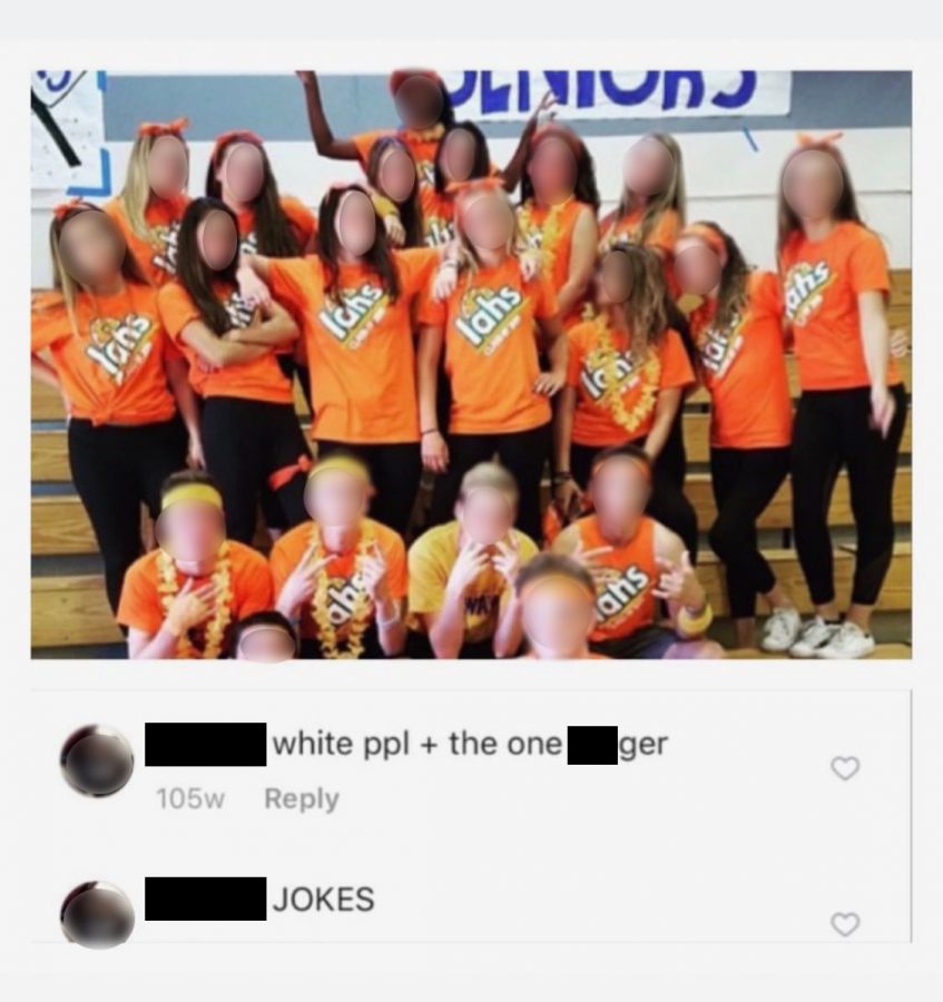 The comment left on an Instagram post reads “white ppl  + the one n*gger.” The photo features what appear to be all white students with the exception of one Black student — Makeda Yezalaleul — in the back of the photo. 
