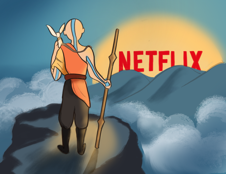 Aang looks out at the sky as Netflix rises in the east.