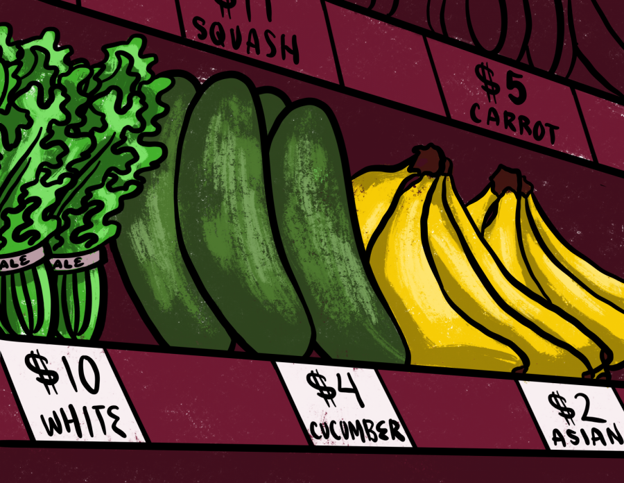 A produce stand displays kale, cucumbers and bananas for varying prices. According to a white teenage boy on TikTok, $2 is the monetary value of an Asian, below that of your average cucumber. 