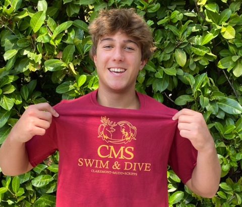 Senior Cyrus Gaylord proudly shows off his Claremont McKenna College (CMC) merch. On Sunday, September 20, Cyrus committed to CMC’s Division III program to further his diving career.