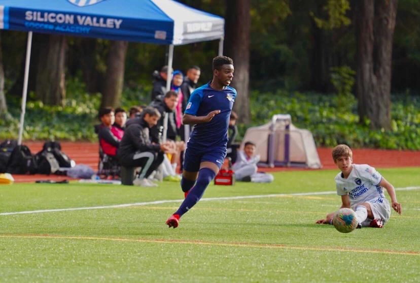 Senior Mwinso Denkabe plays on his Silicon Valley Soccer Academy (SVSA) team. In March, after his recruitment process was put on hold due to the pandemic, Mwinso committed to the nationally ranked Wake Forest University mens soccer team.