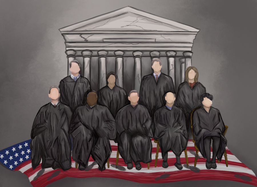 The nine justices are seated on a torn American flag in front of the cracked Supreme Court building. The recent overturn of Roe v. Wade has revealed a deep seated flaw in our democracy, the judicial branch of our government holds too much power.
