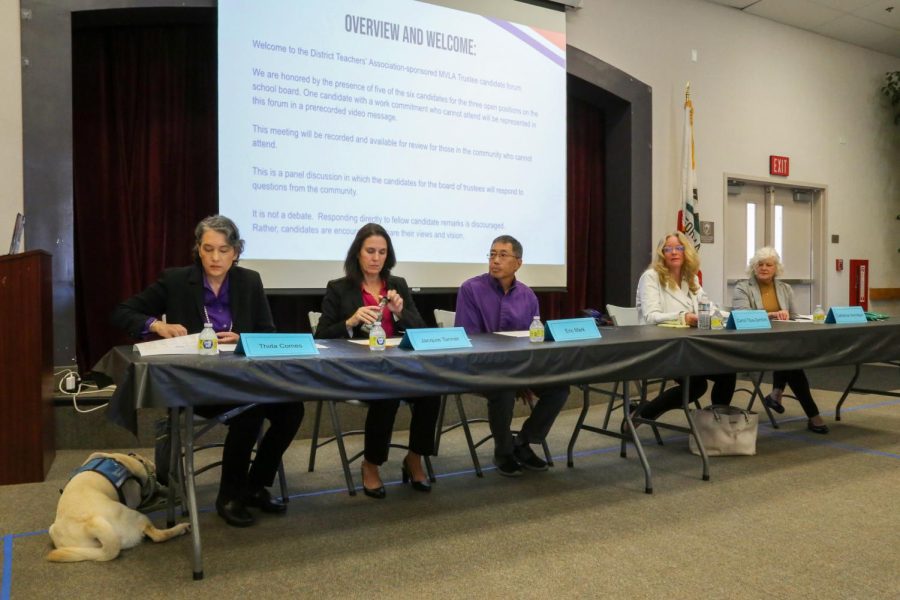 Five out of the six Board candidates are pictured during the Board candidate forum. The Talon endorses Thida Cornes, Eric Mark and Esmeralda
Ortiz fot the three open Board slots.