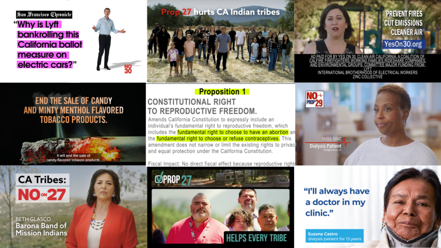 A collage of advertisements for this year’s statewide proposition elections. Next month, Californians will vote on seven important ballot measures that will affect the state in issues ranging from abortion to art funding.