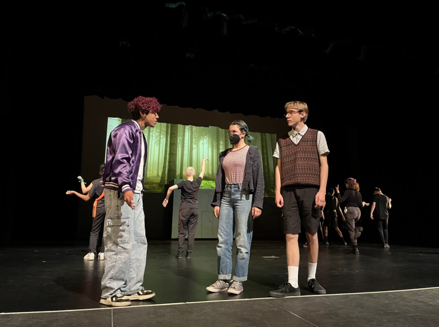 Seniors Dommy Hernandez Beltran and Stormalong Hunt with junior Tessa Prodromou onstage during a run through of Broken Box’s latest production, “A Wrinkle in Time.” The show will be running from Thursday, November 3, through Saturday, November 5. 