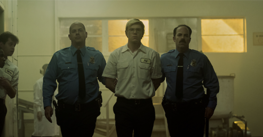 Jeffrey Dahmer, an American serial killer, is being led into prison by the police in the new drama adaptation
“Dahmer – Monster: The Jeffrey Dahmer Story.”