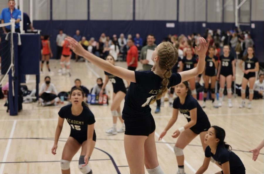 14-year-old freshman Aviya Russo ready to hit a ball across the net in a tournament playing for the 14U High Performance Academy Volleyball club team.