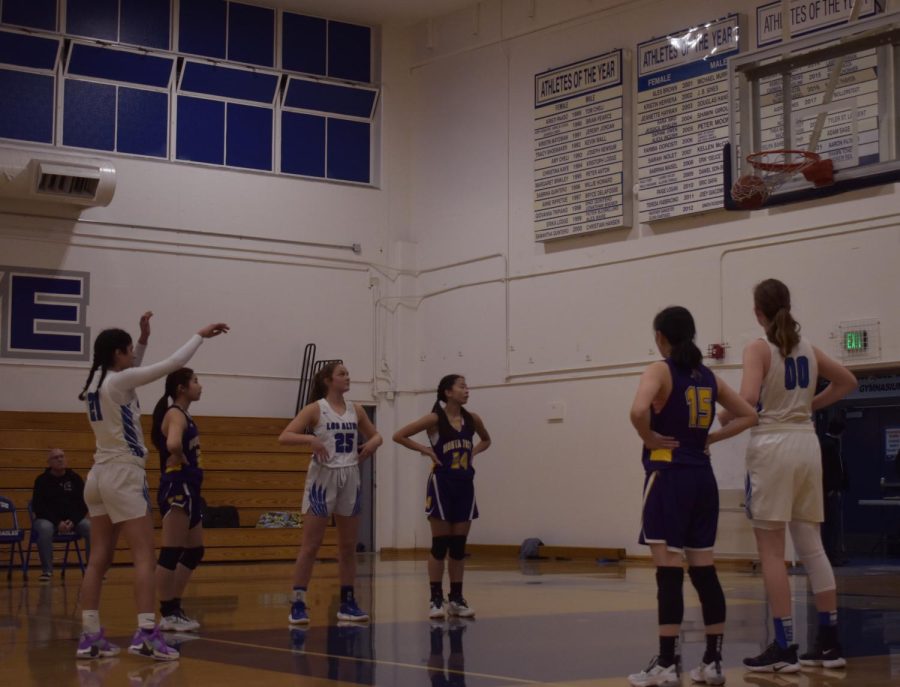 Senior Tara Davari makes a free throw shot during the varsity girls basketball team’s game versus the Monta Vista High School Matadors.