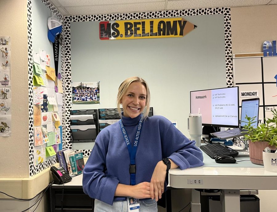 Math+teacher+Jillian+Bellamy+in+her+classroom.+Bellamy+has+been+doing+cheer+since+high+school+and+has+kept+it+in+her+life+since%2C+continuing+through+college+and+becoming+the+assistant+cheer+coach+at+LAHS.+Her+warm+and+bubbly+personality+makes+both+her+classroom+and+cheer+practice+a+fun+place+to+be.+