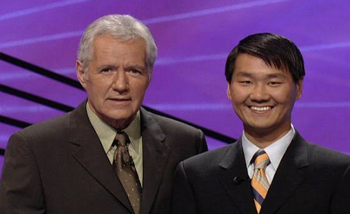 Los Altos High School history teacher Mr. Kim (right) pictured with Jeopardy! host Alex Trebek (left), 2011.