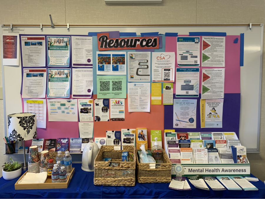 The wellness center has a station full of flyers and pamphlets with mental wellness information.