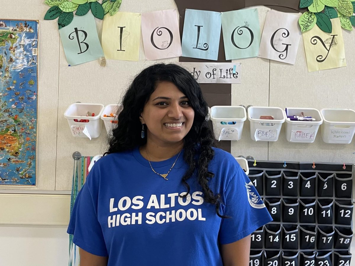 Archana Venugopal, hired this year to teach freshman science at Los Altos High School, shows off her well-decorated classroom.