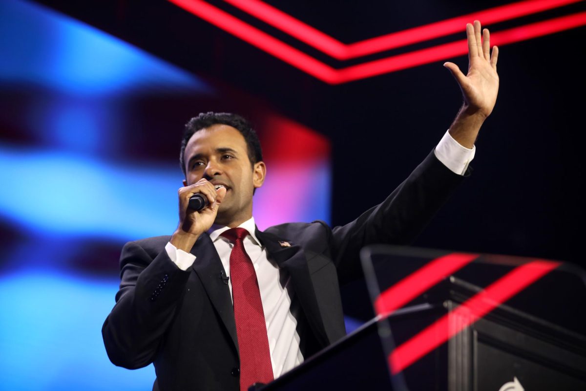 2024 presidential candidate Vivek Ramaswamy speaks at a conservative conference last July. Ramaswamy, a practicing Hindu running in a Christian-dominated Republican Party, has shaped his messaging around his faith to sound uncharacteristically Evangelical — revealing a larger diversity problem within American politics.