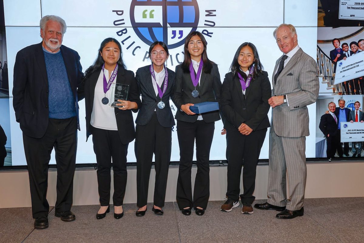 From left to right: MVLASD alumnus Flora Wang, junior Calista Woo, sophomore Sophia Zhang and junior Aimee Ge participate in a public forum competition.