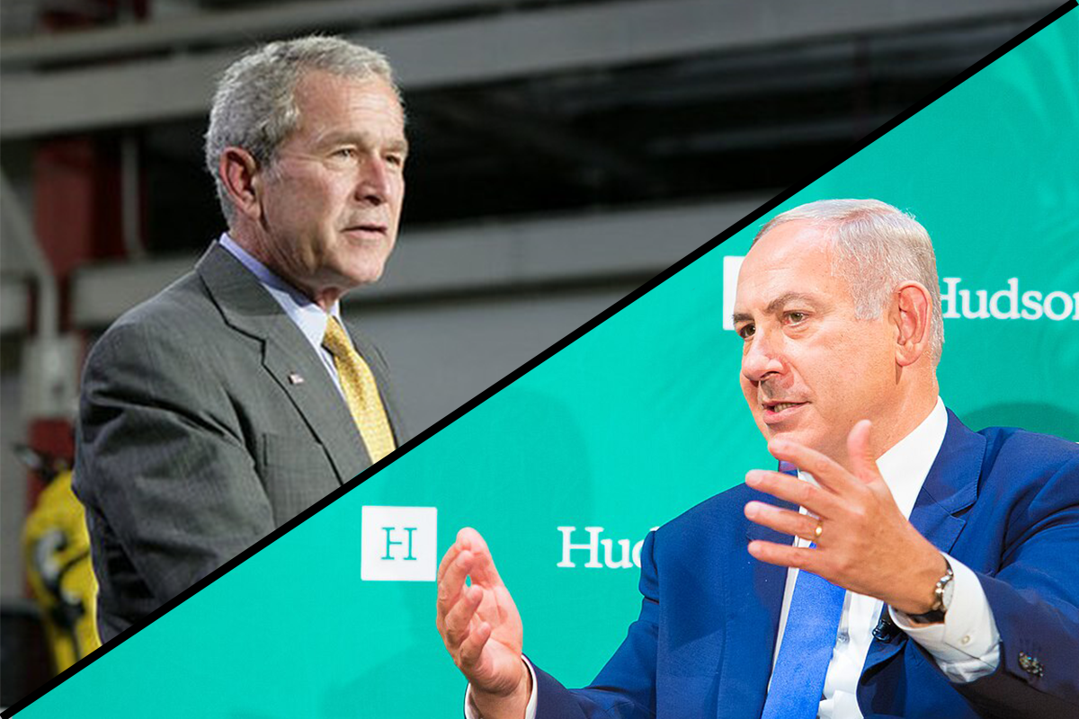 George W. Bush, the President of the United States during the beginning of the War on Terror, and Benjamin Netanyahu, Prime Minister of Israel.