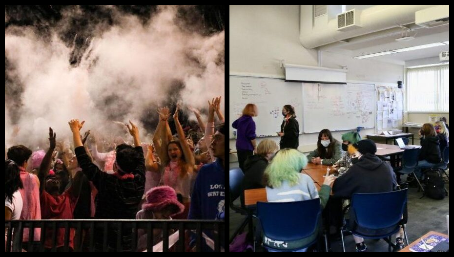 Left: A cloud of baby powder flies over stands filled with Los Altos Eagles during the 2019 Homecoming
football game. Right: The Gender and Sexuality Awareness Club (GSA) draft the weekly plan, dubbed “The
Gay Agenda,” in 2021. School spirit can take many forms, from football games to club meetings. (Left: Talon archives, Right: Rose Liu)