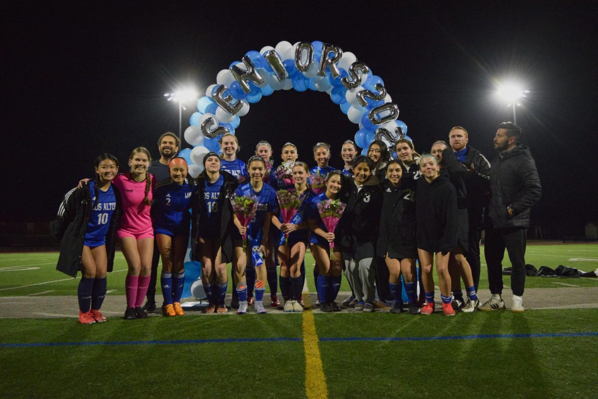 After+their+victory+over+Saratoga+High+School%2C+the+varsity+girls+soccer%0Ateam+honored+eight+seniors+with+flowers%2C+tiaras+and+speeches.