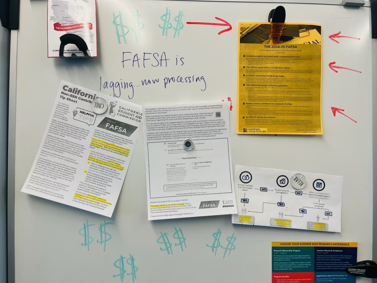 A whiteboard at the College and Career Center with flyers regarding information about FAFSA.