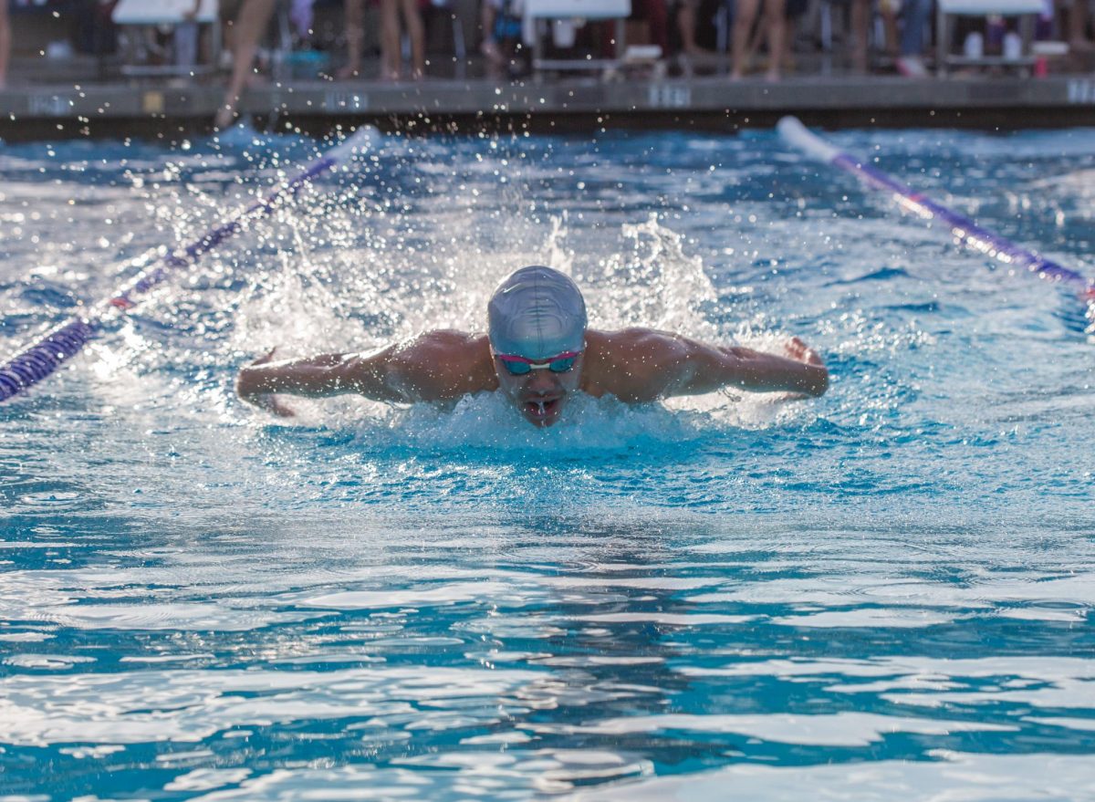 Junior Isaac Shang swims butterfly at the LAHS swim teams first official meet of the season against Lynbrook High School. The Eagles swept Lynbrook in all divisions, and many individuals and relays qualified for the upcoming CCS Championships in May.