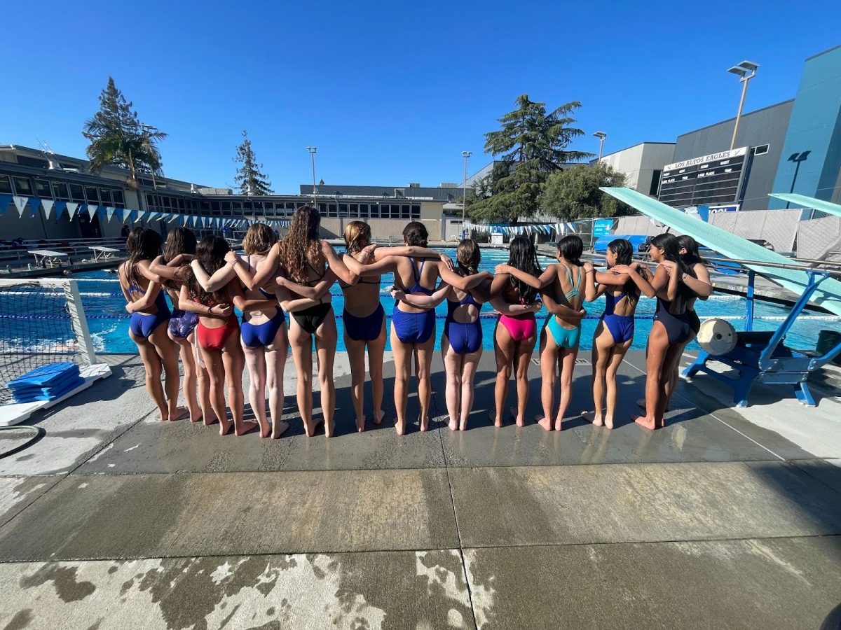 The varsity and JV team poses for a team picture by the diving boards.