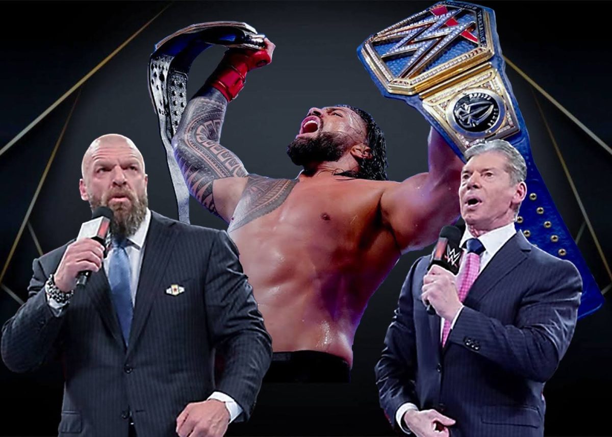 From left to right: Triple H, Roman Reigns and Vince McMahon, who are all important figures in the WWE. 