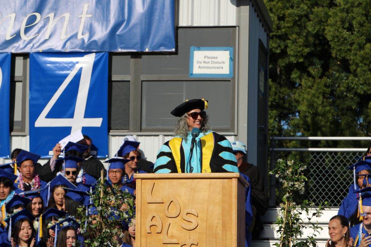 Principal Tracey Runeare speaks at the commencement ceremony.