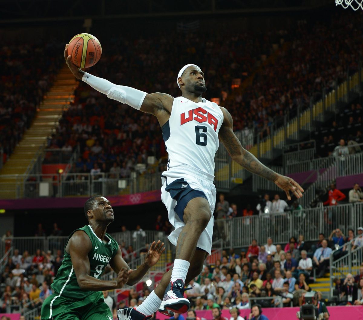 LeBron James dunking at the 2012 London Olympics.