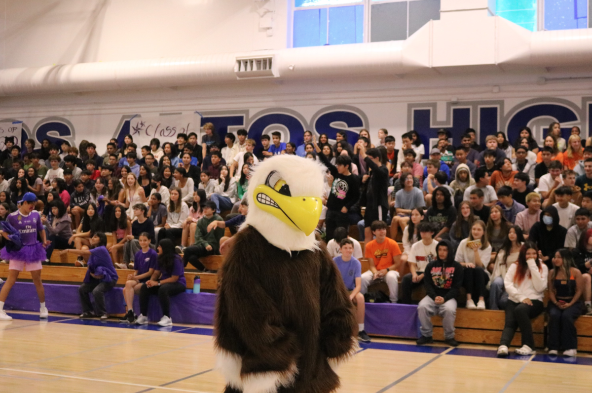 Eddie the Eagle hypes up the crowd at the back-to-school rally. 