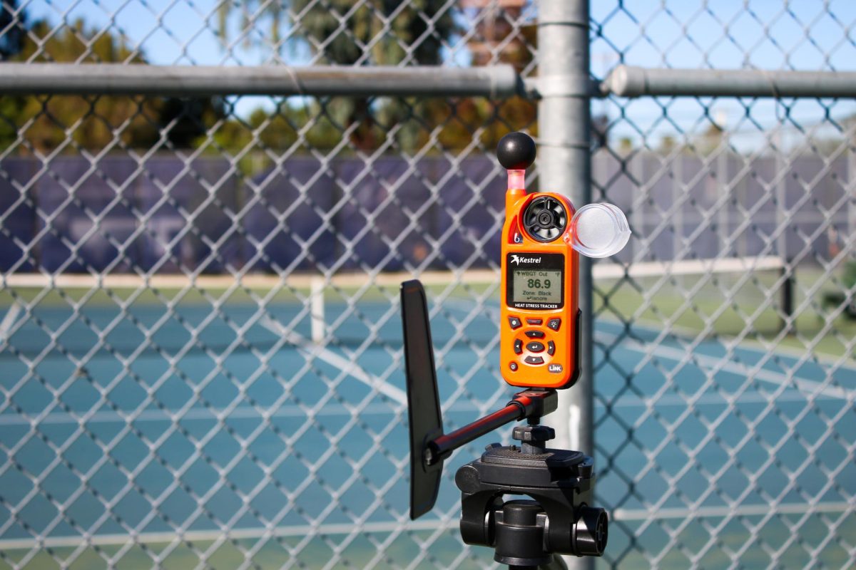 The WetBulb Globe Temperature (WBGT) device at LAHS tennis courts. The device read 86.9°F, while the weather app read 97°F. 
