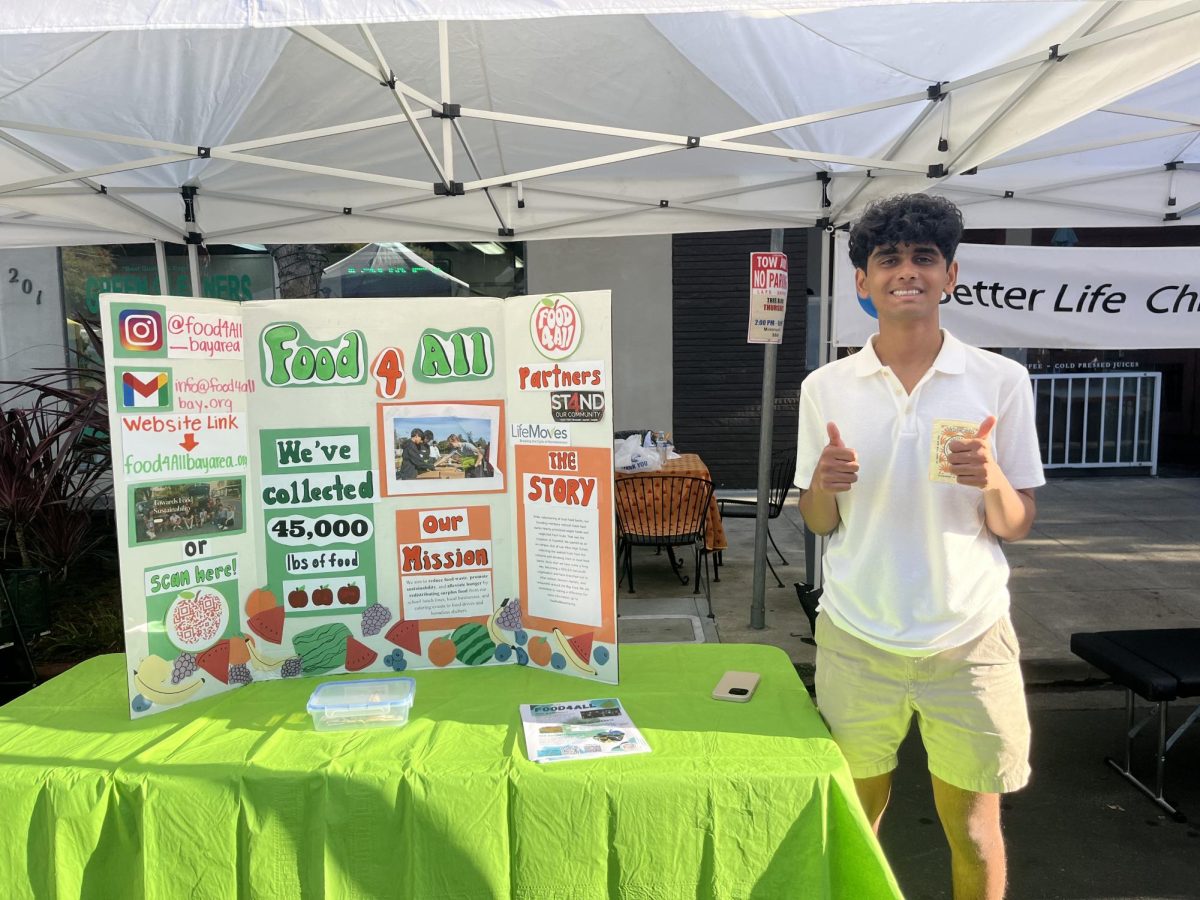 Senior Abhinav Kasturi stands at Food4All’s stand at the Los Altos downtown farmers market, before food collection.
