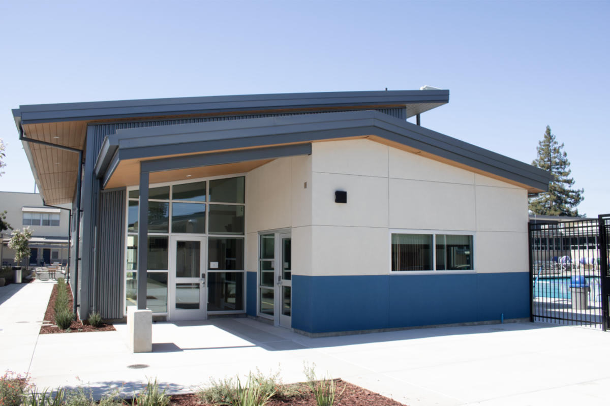 The first day the new multipurpose space opens to Los Altos High School, a building looking out into the pool.
