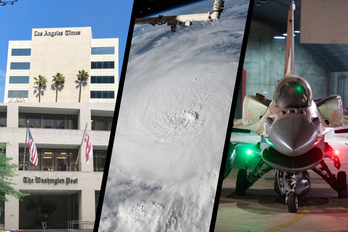 The Washington post and Los Angeles Times buildings, hurricane Milton as seen from the International Space Station, an Israeli F-16 after striking Iran. Photos via wikimedia commons by Michael Fleishhacker, Jengod, NASA, and the IDF.